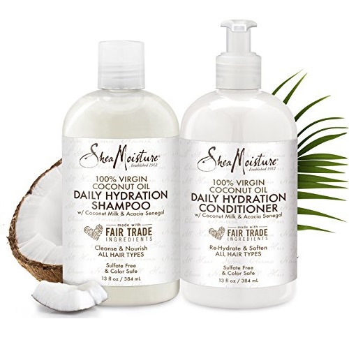 Shea Moisture 100 % Coconut oil Ежедневни хидратиращи шампоан + балсам за къдрави коси с ниска порьозност